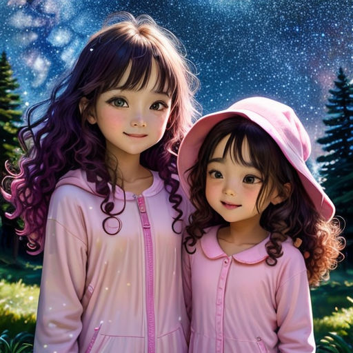 two little girls standing next to each other in the grass with trees and stars in the sky behind them
