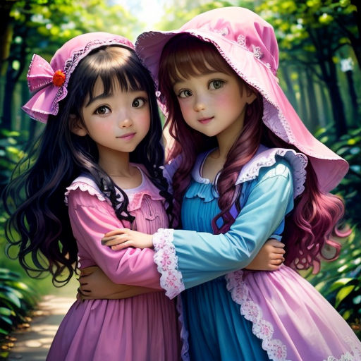 two little girls are standing together in the woods together, one is wearing a pink hat and the other is wearing a blue dress