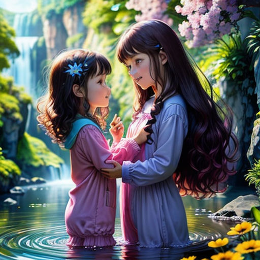 two girls standing in a river with flowers in the background and a waterfall in the background, with a waterfall in the background