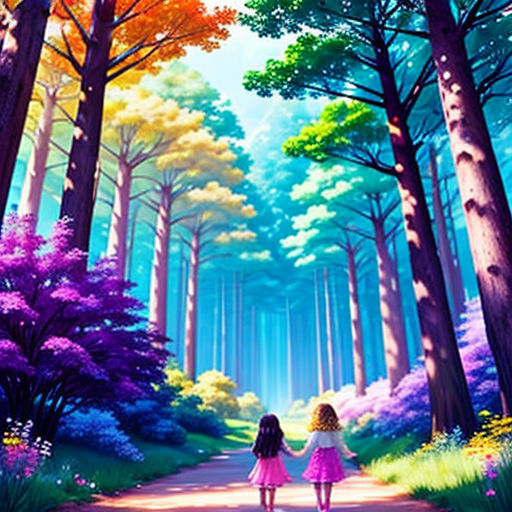 two girls walking down a path in the woods with trees and flowers on either side of them, with a blue sky and purple flowers on the other side