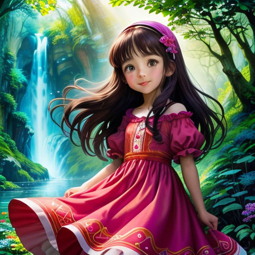 a girl in a pink dress standing in front of a waterfall in the forest with a waterfall in the background