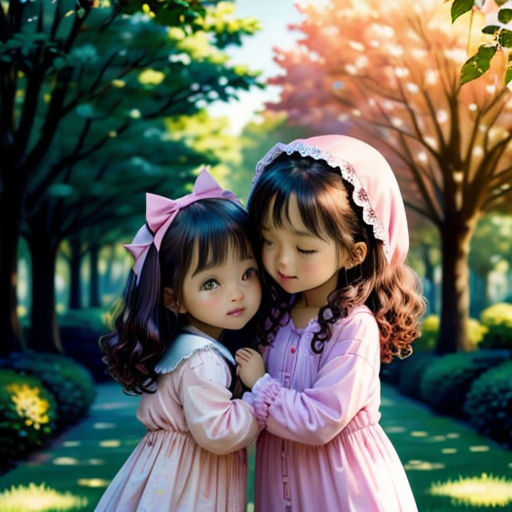 two little girls are hugging each other in the park with trees and grass in the background and sunlight shining through the trees