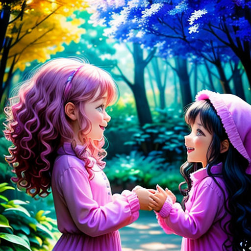 two little girls standing next to each other in a forest holding hands and looking at each other with a forest background