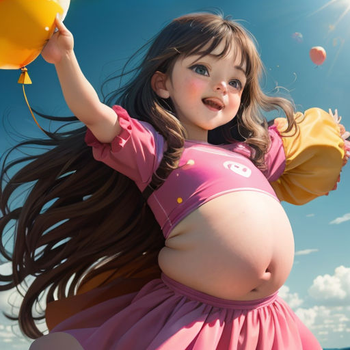 a little girl holding a balloon in her hand and a ball in her other hand, with a sky background