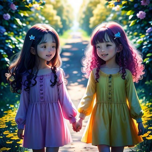 two little girls holding hands while walking down a path in the woods with flowers on either side of them