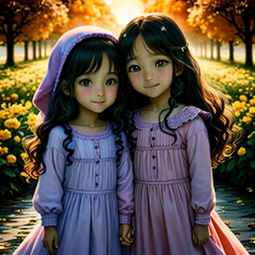two little girls standing next to each other in a field of flowers with the sun shining behind them and trees