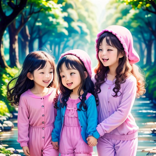 three little girls standing next to each other in a forest with rocks and trees in the background photo by shutterstocker
