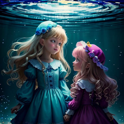 two little girls standing next to each other under water with a moon in the background and stars in the sky