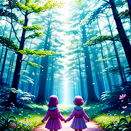 two children walking down a path in the woods with a bright light coming from behind them and a forest scene in the background