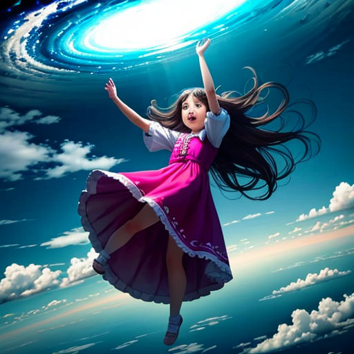 a girl in a dress flying through the air with a blue disk in the background of the sky and clouds