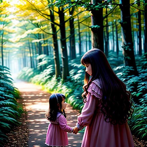 two little girls holding hands in the woods by a path with trees and leaves on it, with the sun shining through the trees