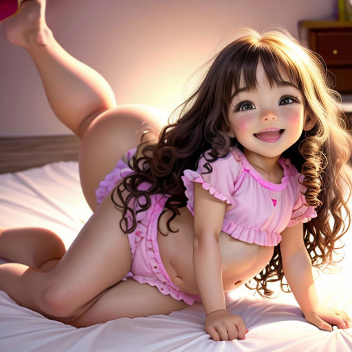 a little girl in a pink swimsuit laying on a bed with her legs spread out and her head turned to the side