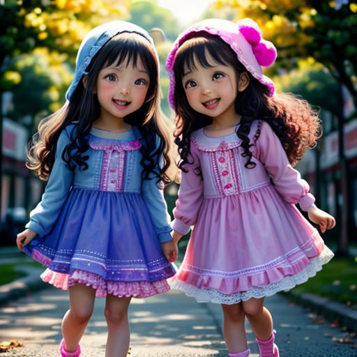 two little girls are standing on the street together wearing dresses and hats and shoes with a hood on their head