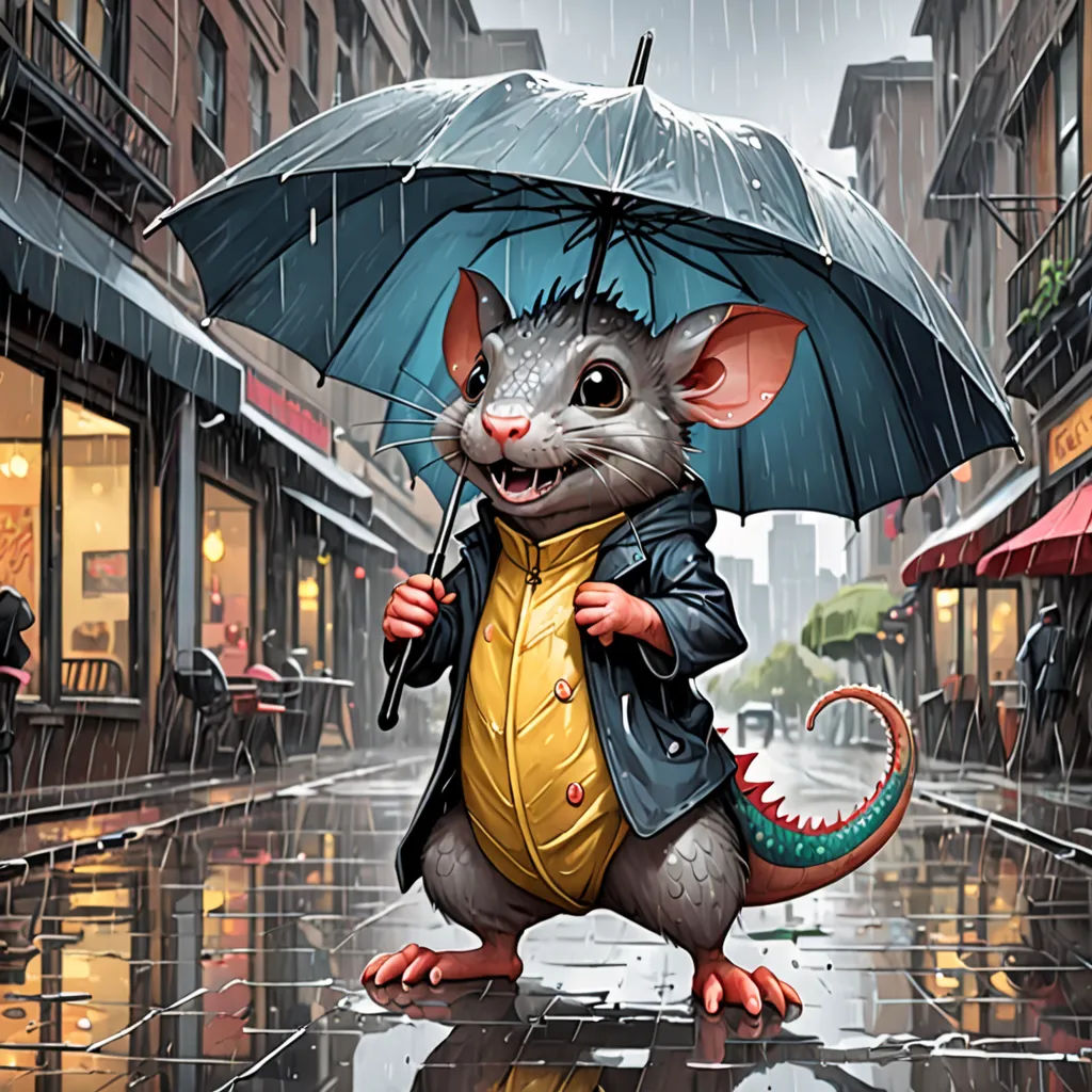 a rat with an umbrella in the rain on a city street in the rain, it is raining and it is smiling, a digital painting, magic the gathering artwork, altermodern, Chris LaBrooy