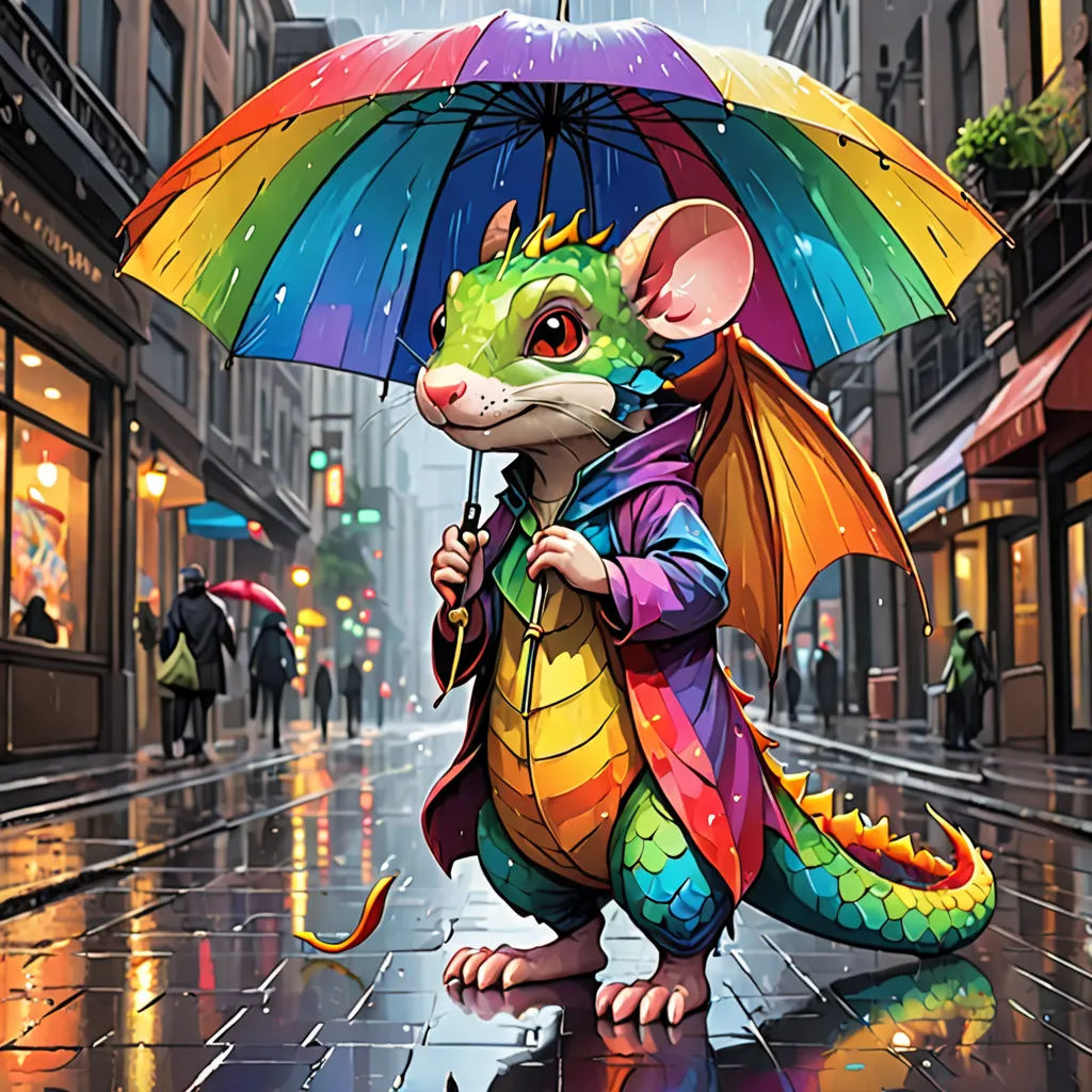 a rat with an umbrella in the rain on a city street in the rain, it is raining and it is raining, a storybook illustration, affinity photo, fantasy art, Chris LaBrooy