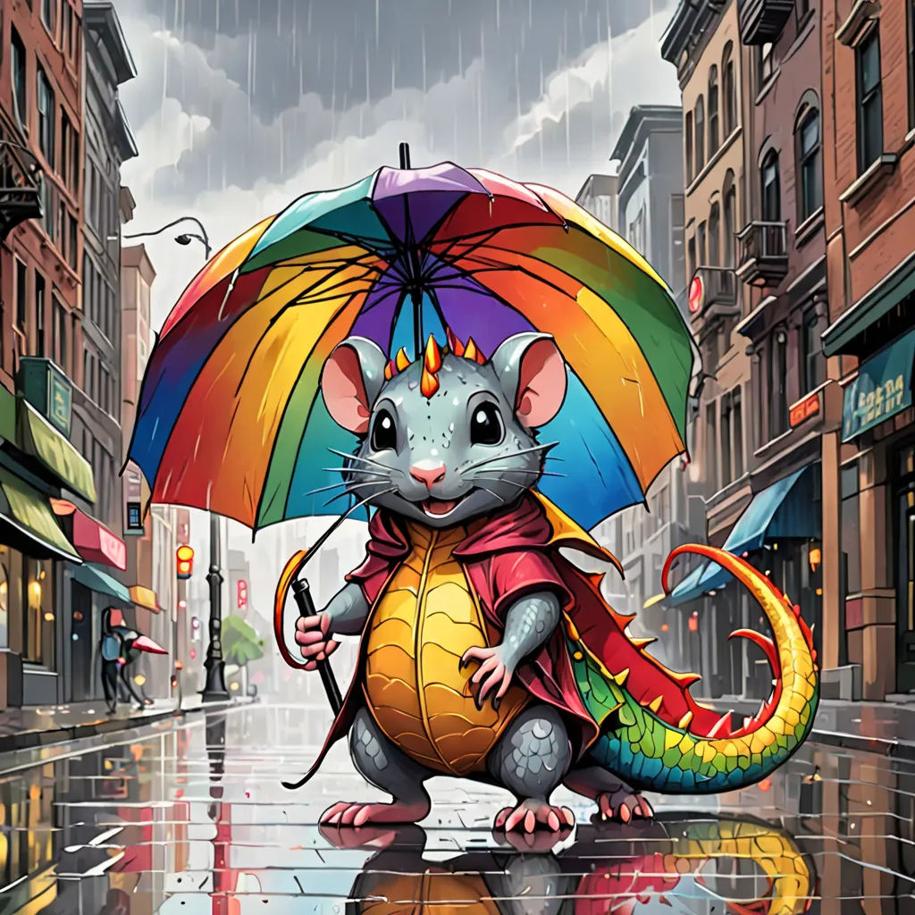 a rat with an umbrella in the rain on a city street with buildings and a street light in the background, a storybook illustration, affinity photo, altermodern, Chris LaBrooy