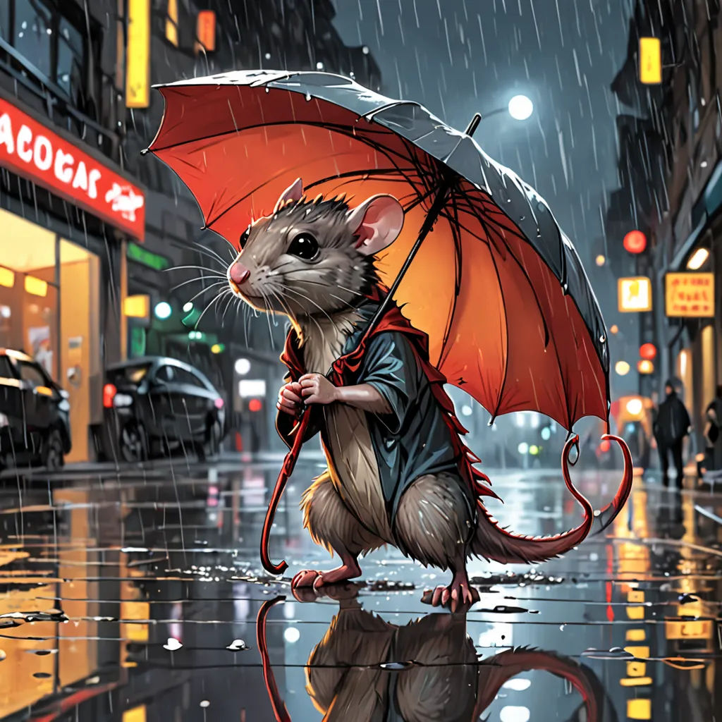 a rat holding an umbrella in the rain on a city street at night, with a person walking by, a storybook illustration, highly detailed digital painting, fantasy art, Chris LaBrooy