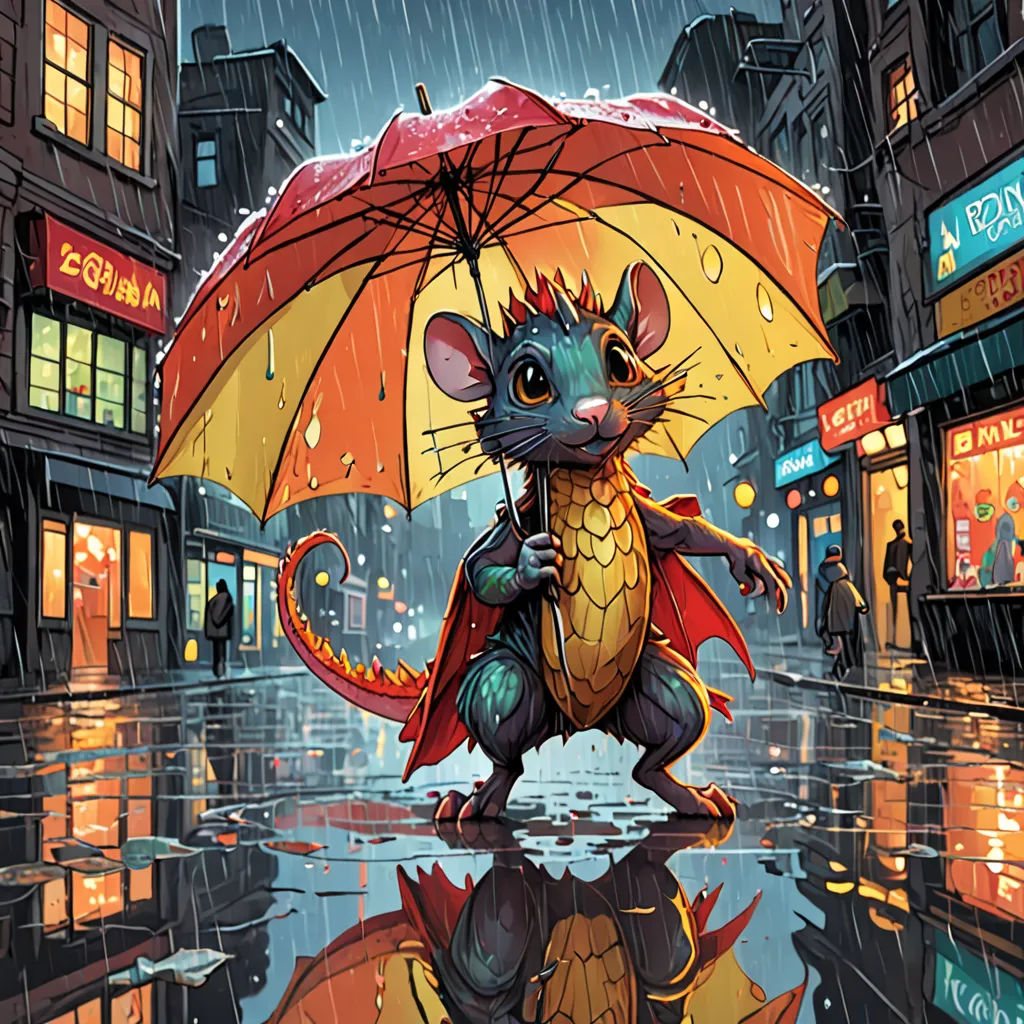 a rat is holding an umbrella in the rain in a city street at night, with buildings and people in the background, a storybook illustration, josan gonzales and dan mumford, sots art, Chris LaBrooy