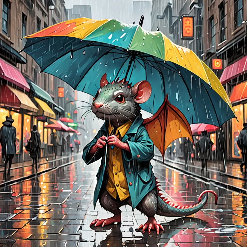 a rat holding an umbrella in the rain on a city street in the rain, it is raining and it is raining, a storybook illustration, affinity photo, fantasy art, Chris LaBrooy