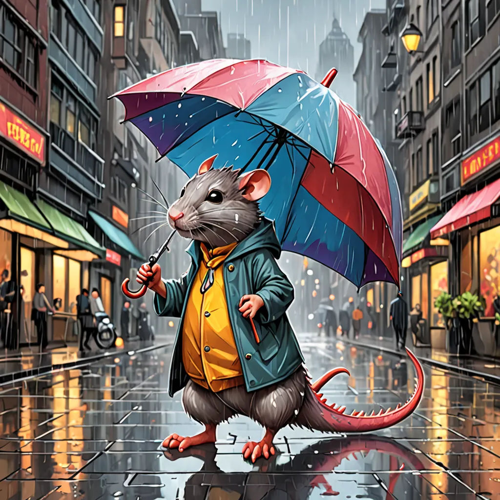a rat holding an umbrella in the rain on a city street in the rain, it is raining and it is raining, a storybook illustration, highly detailed digital painting, sots art, Chris LaBrooy