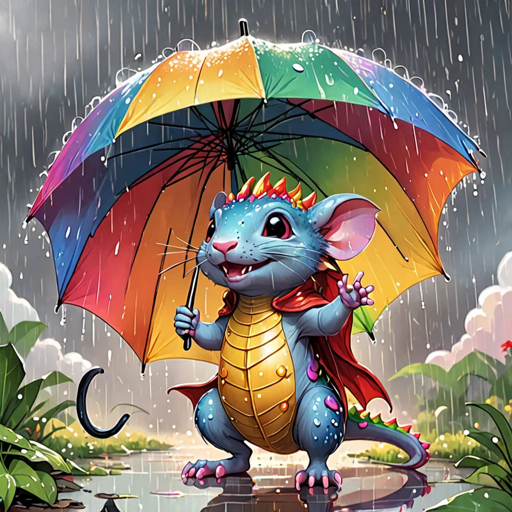 a cartoon mouse holding an umbrella in the rain with a rain storm behind it and a cat on the ground, a storybook illustration, affinity photo, sots art, Chris LaBrooy