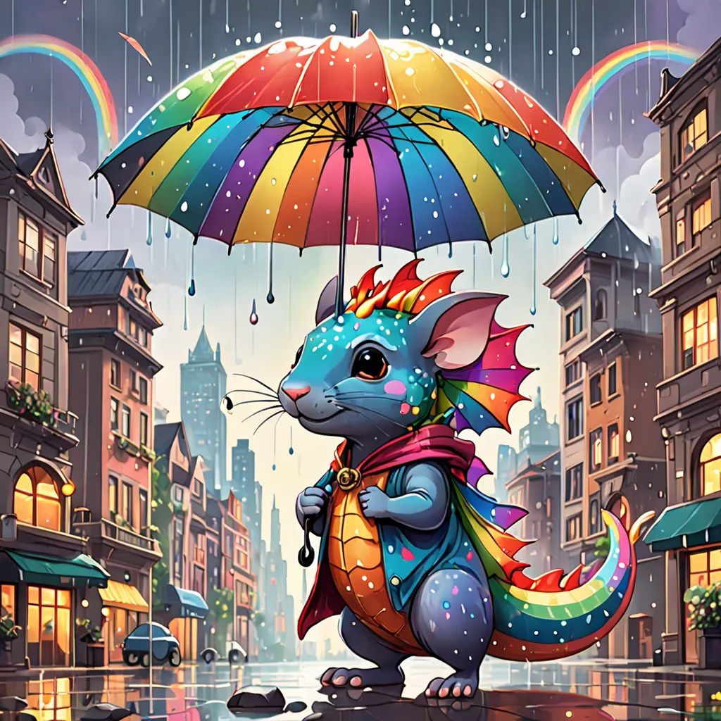 a cartoon rat holding an umbrella in the rain in a city street with buildings and rainbows in the background, a storybook illustration, affinity photo, fantasy art, Chris LaBrooy