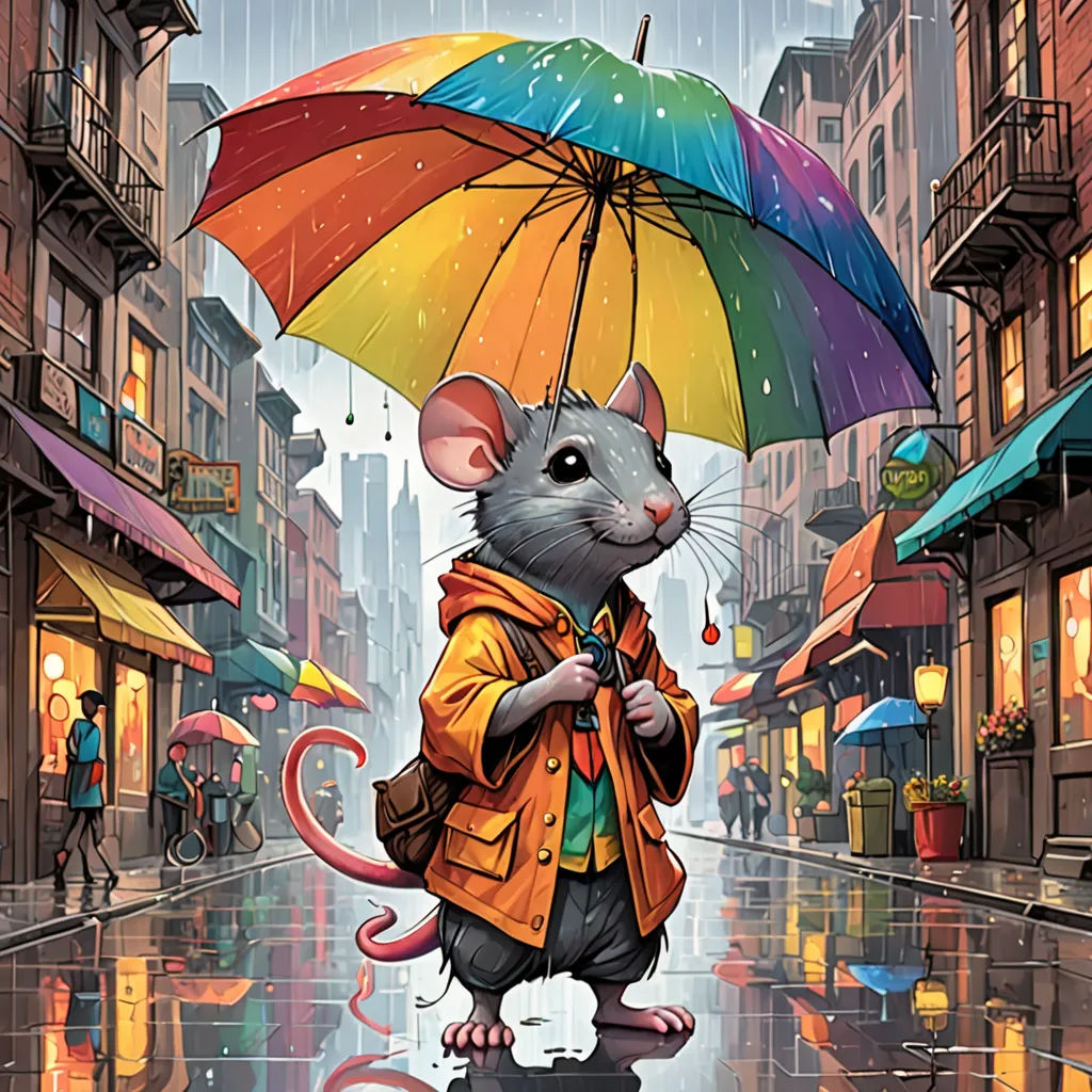 a mouse with an umbrella in the rain on a city street in the rain, it is raining and it is raining, a storybook illustration, josan gonzales and dan mumford, altermodern, Chris LaBrooy