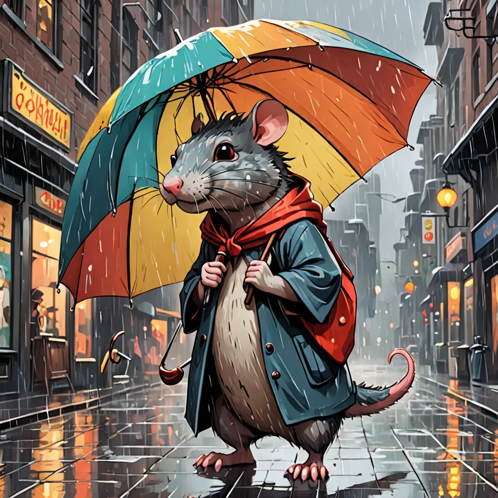 a rat with an umbrella in the rain on a city street in the rain, it is raining and it is raining, a storybook illustration, trending on art station, fantasy art, Chris LaBrooy
