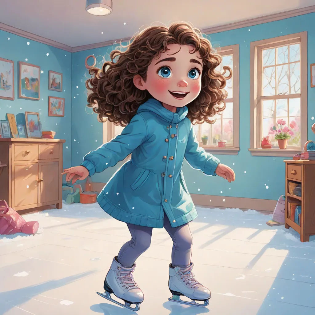 a cartoon girl skating in a room with a blue wall and a window with a snowflake on it, Clarice Beckett, photorealism, a storybook illustration, official art
