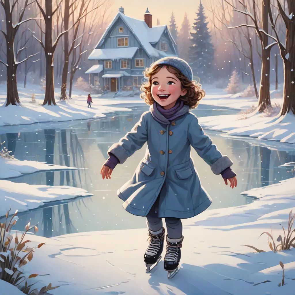 a painting of a girl in a winter scene running through the snow with a house in the background and a pond in the foreground, Evgeny Lushpin, american scene painting, a storybook illustration, storybook illustration