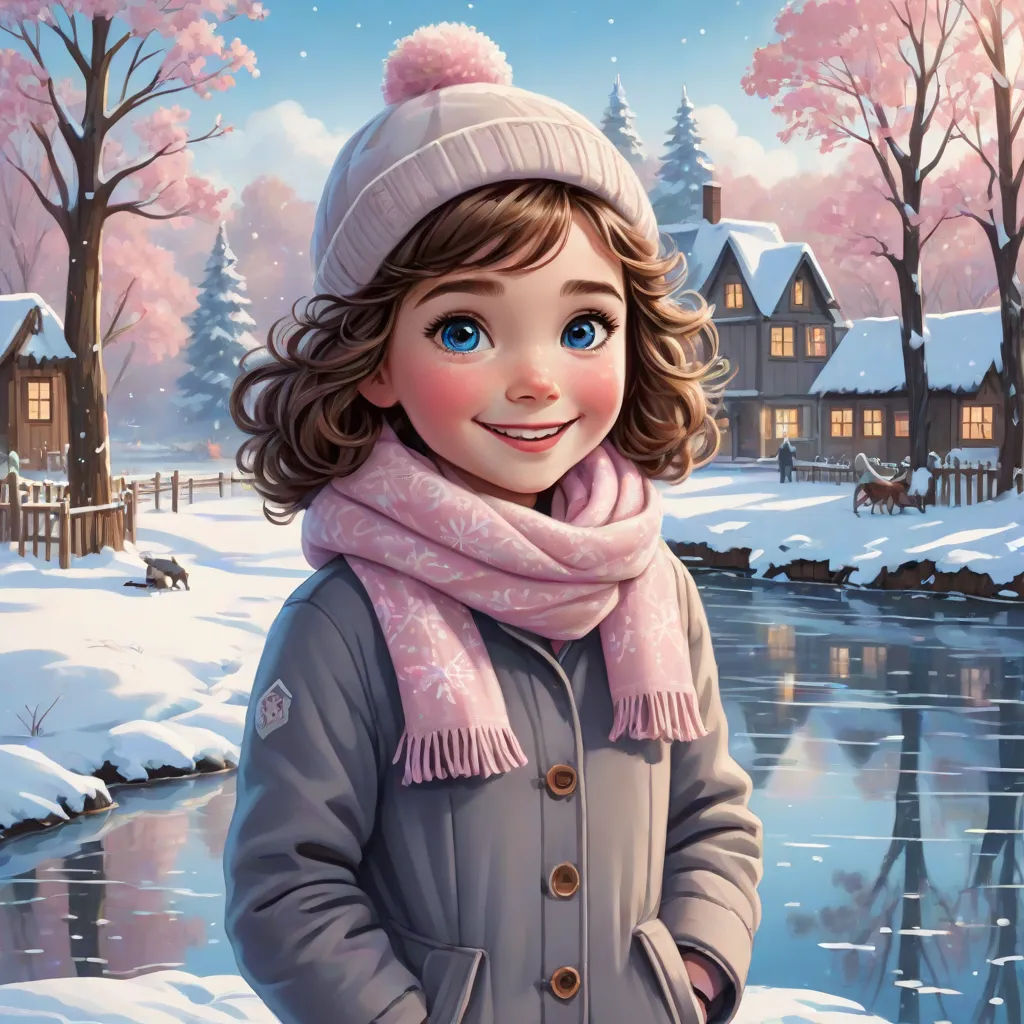 a painting of a girl in a winter scene with a pond and a house in the background, with a pink scarf around her neck, Evgeny Lushpin, naive art, a storybook illustration, kinkade