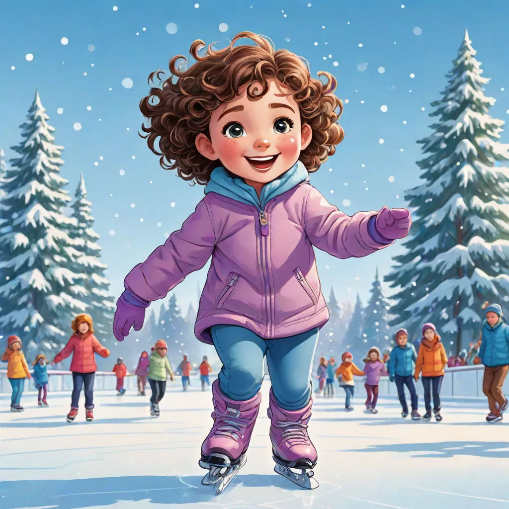 a girl is skating on a snowy surface with other people in the background and a blue sky with white snow, Eileen Aldridge, danube school, a storybook illustration, promotional image