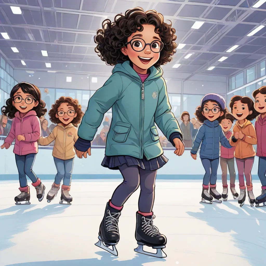 a cartoon of a girl skating in a rink with other children watching her on the ice rink and smiling, Ada Gladys Killins, magical realism, a storybook illustration, official art