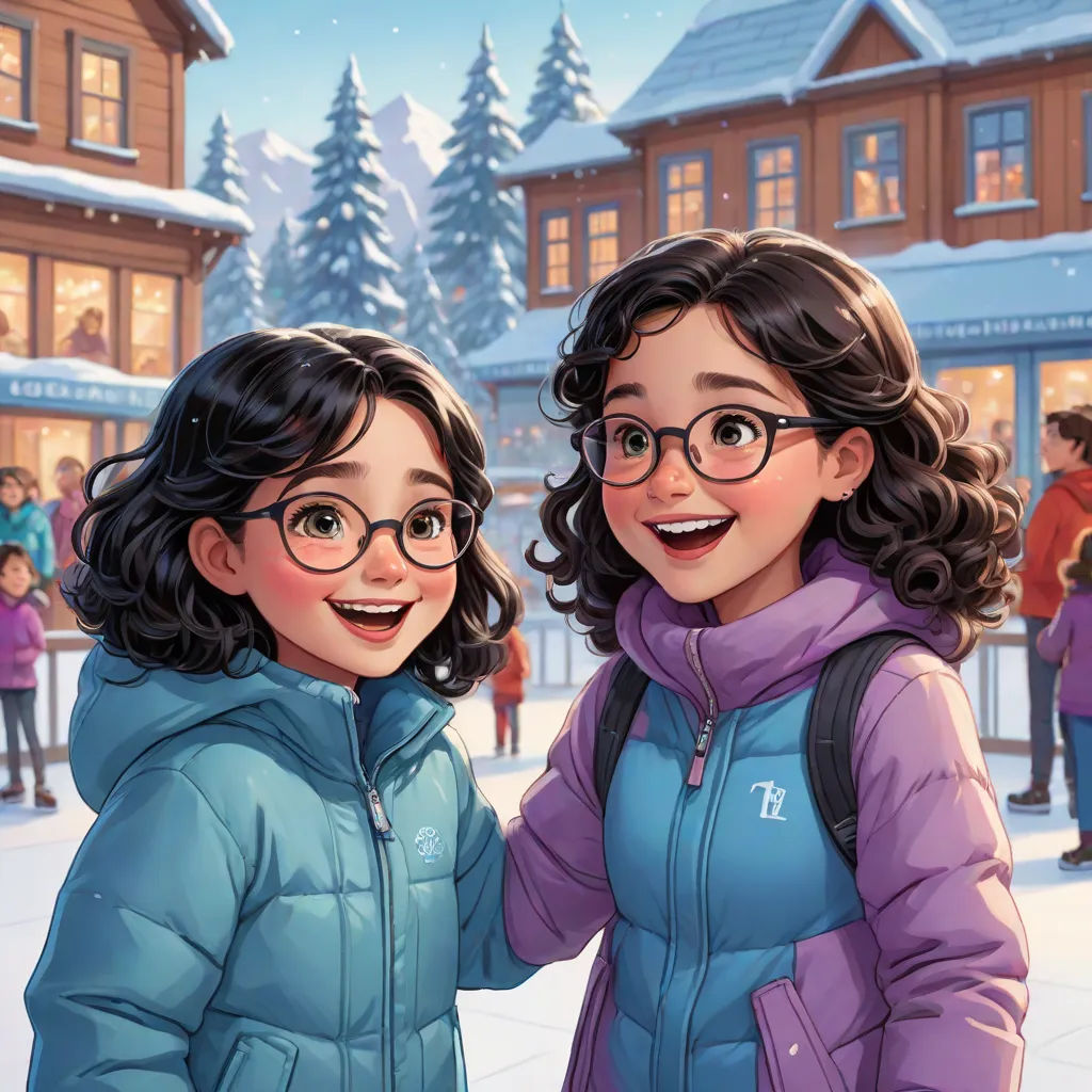 two young girls standing next to each other in front of a building with snow on it and a christmas tree, Ada Gladys Killins, serial art, a storybook illustration, official art