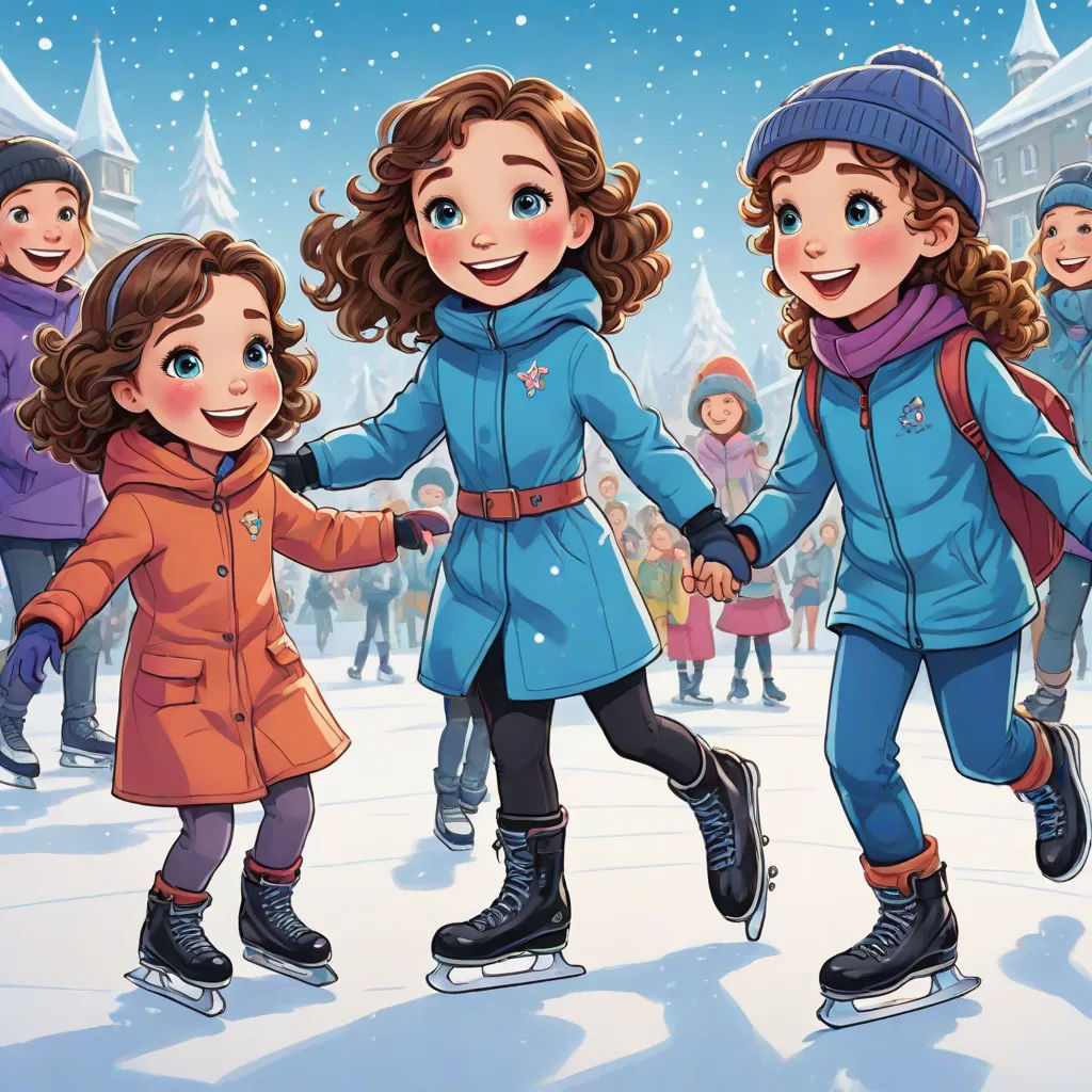 a group of children skating on a rink in the snow with a woman holding hands with a child on a skateboard, Esther Blaikie MacKinnon, lyco art, a storybook illustration, official art