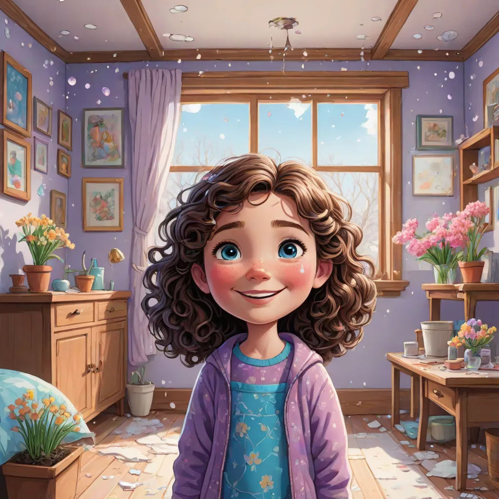 a cartoon girl standing in a messy room with a window open and a messy floor strewn with debris and flowers, Chris LaBrooy, photorealism, a storybook illustration, storybook illustration