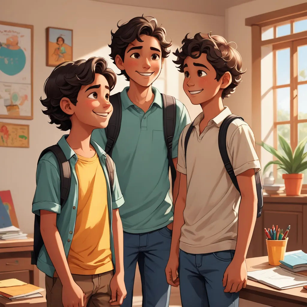 three young men standing next to each other in a room with a desk and a window in the background, sots art, concept art, Eddie Mendoza, rossdraws global illumination