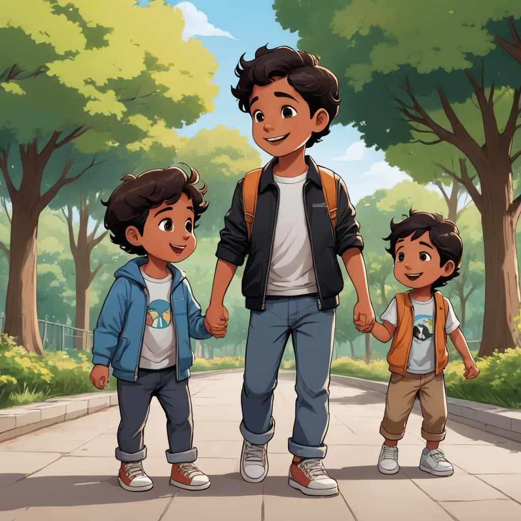 a man and two boys are walking down a street holding hands and smiling at the camera, with trees in the background, sots art, concept art, Adam Manyoki, official art