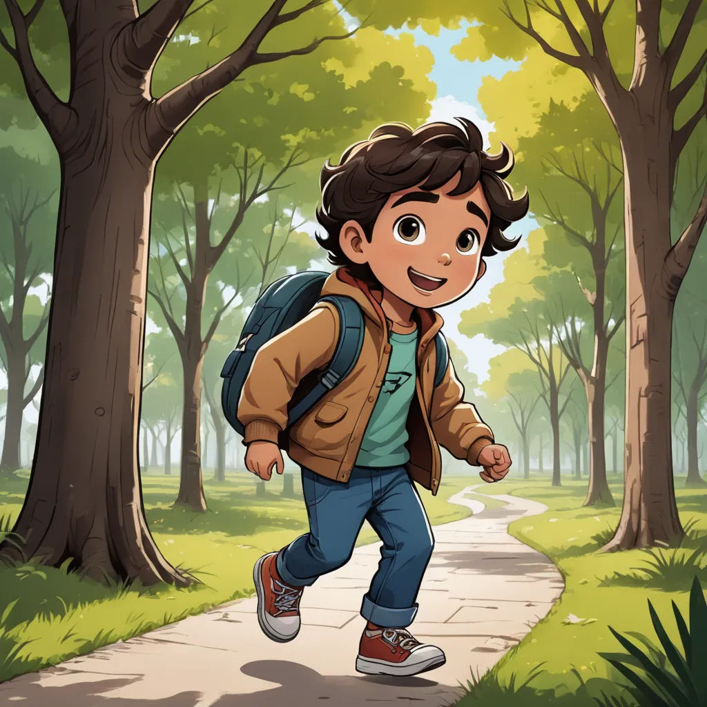 a boy with a backpack is running in the park with trees and grass on both sides of the path, sots art, a storybook illustration, Cedric Seaut (Keos Masons), official art