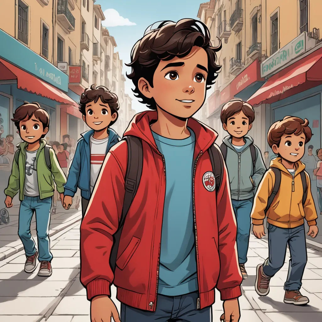 a cartoon of a boy in a red jacket and a group of boys in blue and yellow jackets walking down a street, les automatistes, a comic book panel, Diego Gisbert Llorens, comic cover art