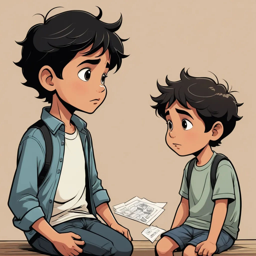 a boy and a boy sitting on the floor looking at each other with a newspaper in front of them, sots art, a comic book panel, Fathi Hassan, comic cover art