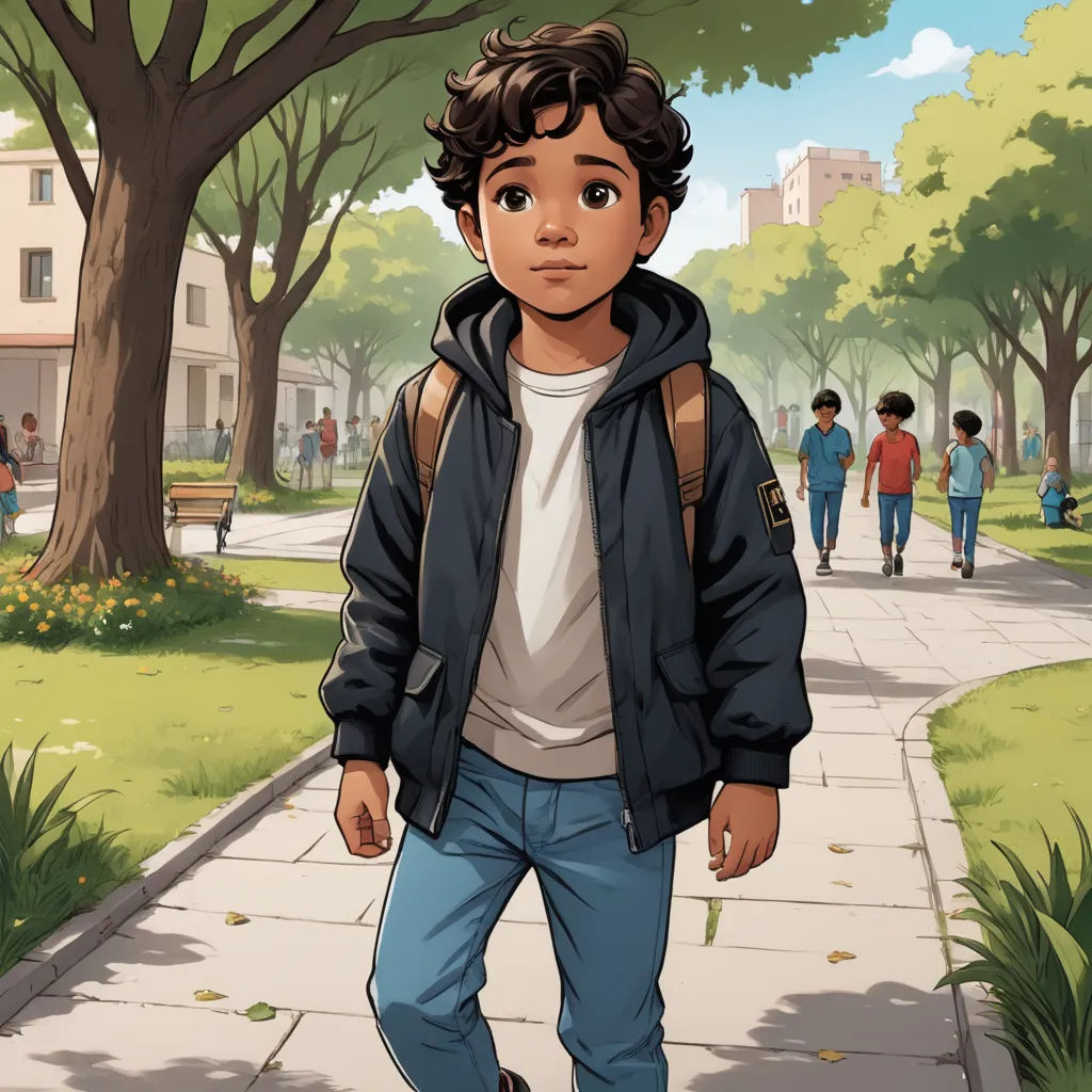a boy walking down a sidewalk in a park with a backpack on his back and a group of people walking behind him, paris school, a comic book panel, Chris LaBrooy, official art