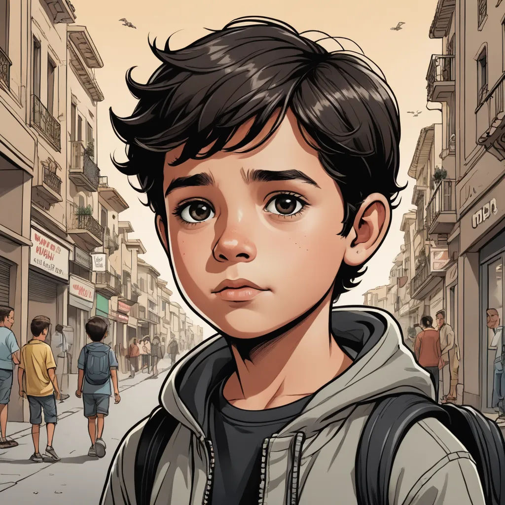 a boy in a hoodie is standing in the street with a crowd of people behind him and a bird flying overhead, hyperrealism, a comic book panel, Asaf Hanuka, graphic novel