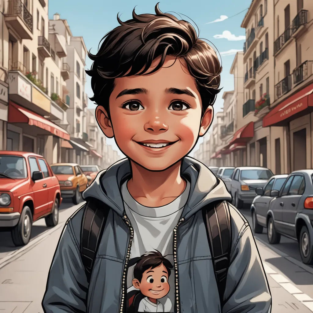 a boy with a backpack on a city street with cars and buildings in the background and a cartoon of a boy holding a doll, photorealism, a comic book panel, Alejandro Burdisio, stanley artgerm lau