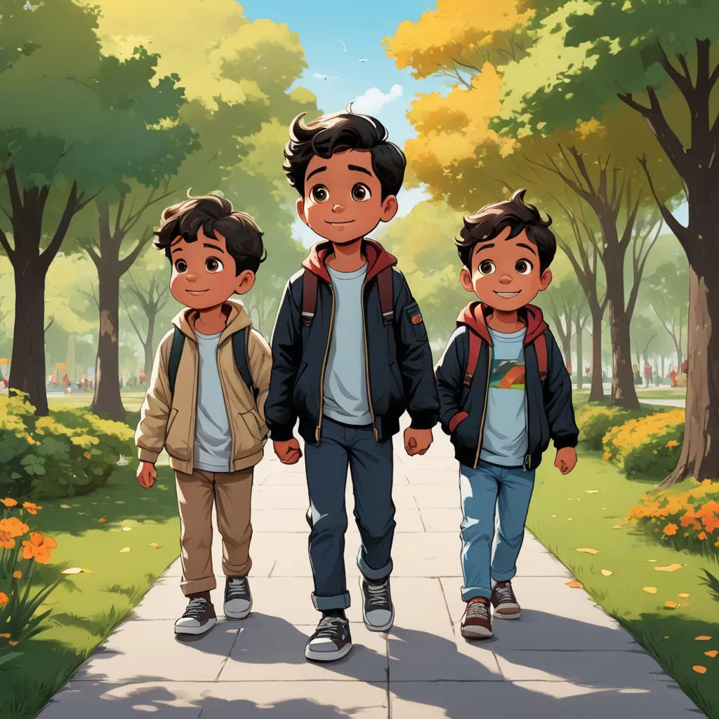 three boys walking down a sidewalk in a park with trees and flowers in the background, one boy is holding the hand of the other boy's hand, vancouver school, a storybook illustration, Diego Gisbert Llorens, official art