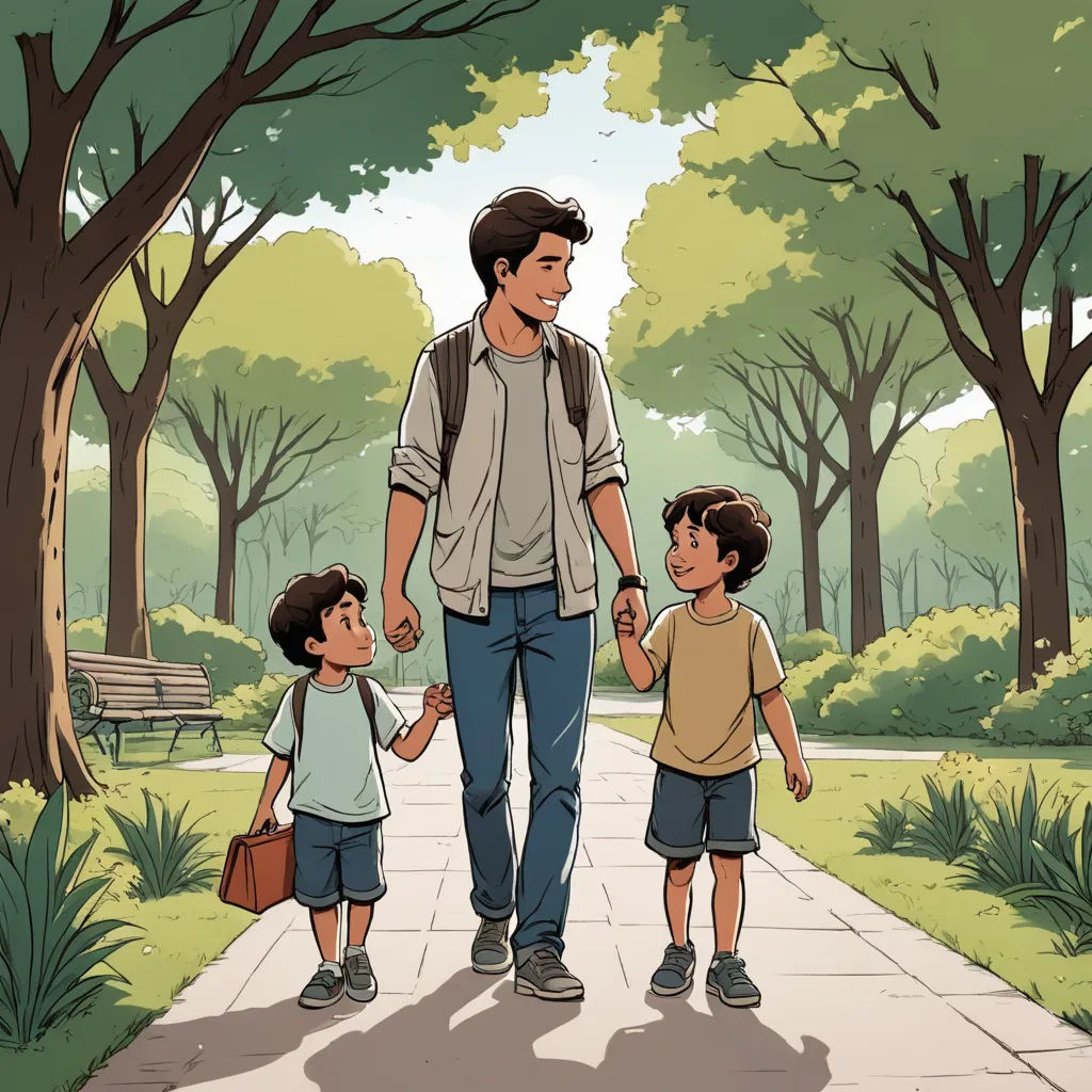 a man and two children walking down a path in a park with trees and benches in the background,, serial art, a storybook illustration, Asaf Hanuka, official art