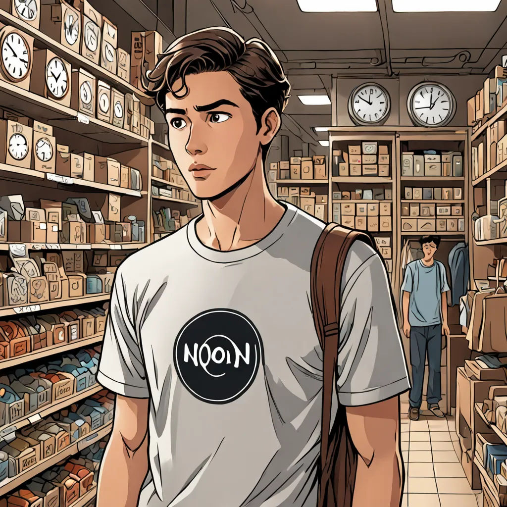 a man in a store with a backpack and a clock on the wall behind him and a man in a blue shirt, serial art, a comic book panel, David Park, graphic novel