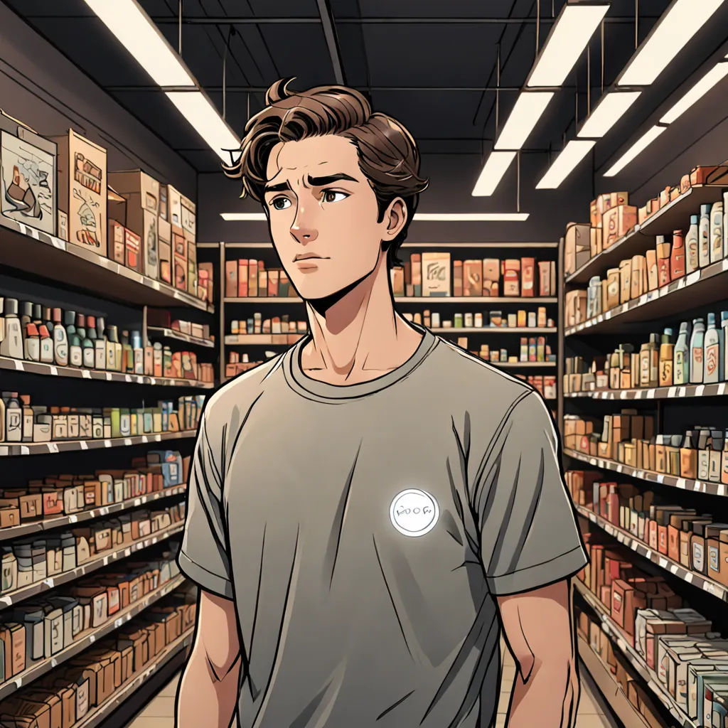 a man standing in a store aisle with a lot of shelves full of food and drinks on the shelves, aestheticism, a comic book panel, David Park, graphic novel
