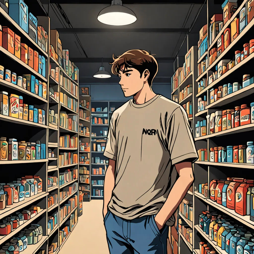 a man standing in a store aisle with a shelf full of canned goods in the background and a light hanging from the ceiling, remodernism, a comic book panel, David Park, official art