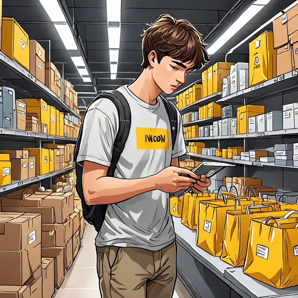 a man is looking at his phone in a store aisle with boxes and boxes on the shelves behind him, neo-figurative, a manga drawing, David Park, graphic novel